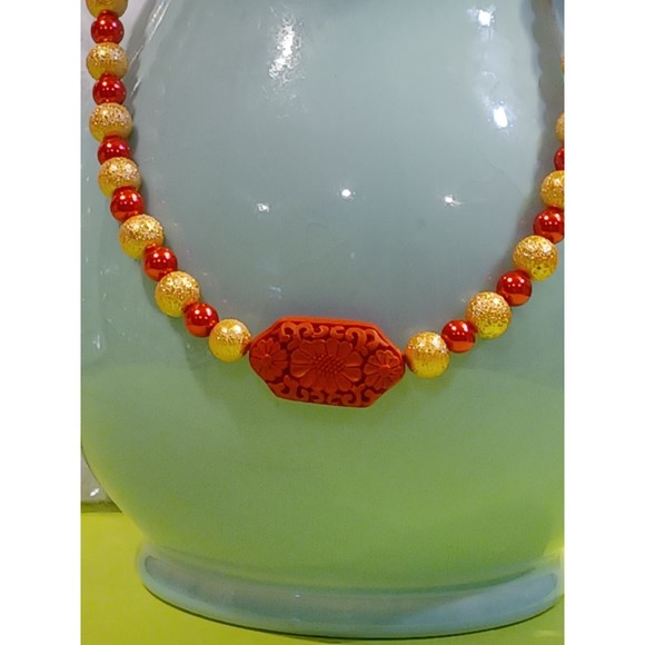 Red & Golden beaded  Cinnabar flower focus bead Necklace Bracelet Set Plus size - Picture 12 of 14